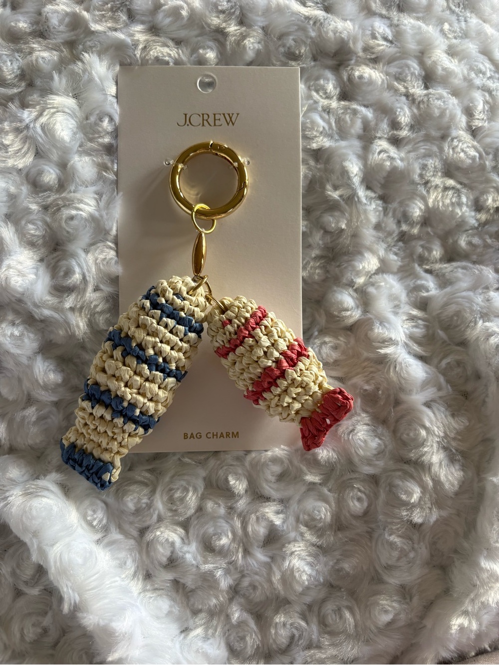 J. Crew Crochet Fish Bag Charm in Cream, Blue & Red NWT